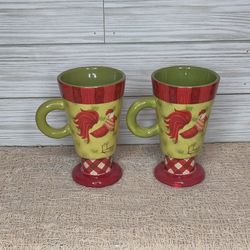 Debbie Mumm Primitive Country Rooster Green Red Mugs Set 