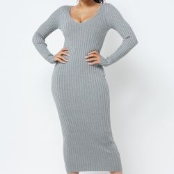 Grey Ribbed Long Sleeve Dress
