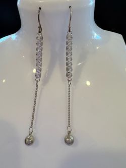 Elegant Long Dangle Drop Earrings - Clear Crystal Tennis Chain with Round Bead Charm