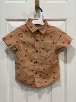 Cat & Jack 18M Apple Print Short Sleeve Button-Down Tan Shirt NWOT
