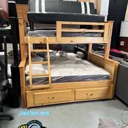 Complete Solid Natural Wood Bunk Bed Twin Full With Mattresses