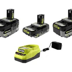New RYOBI ONE+ 18V Lithium-Ion HIGH PERFORMANCE Starter Kit with 2.0 Ah Battery, (2) 4.0 Ah Batteries, and Charger