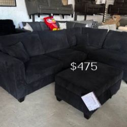 Beautiful 3-Pc Corduroy Sectional Sofa With Storage Ottoman Plus USB Port 