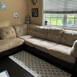 L-Shaped Couch – Cream Microfiber & Brown Leather – Super Comfy!