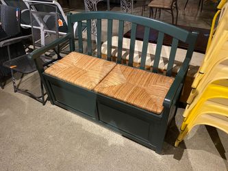 Green Wooden Storage Bench with Wicker Seats