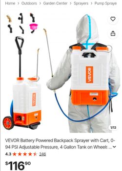 VEVOR Battery Powered Backpack Sprayer with Cart, 0-94 PSI Adjustable Pressure, 4 Gallon Tank on Wheels, with 8 Nozzles and 2 Wands, 12V 7.2Ah Battery
