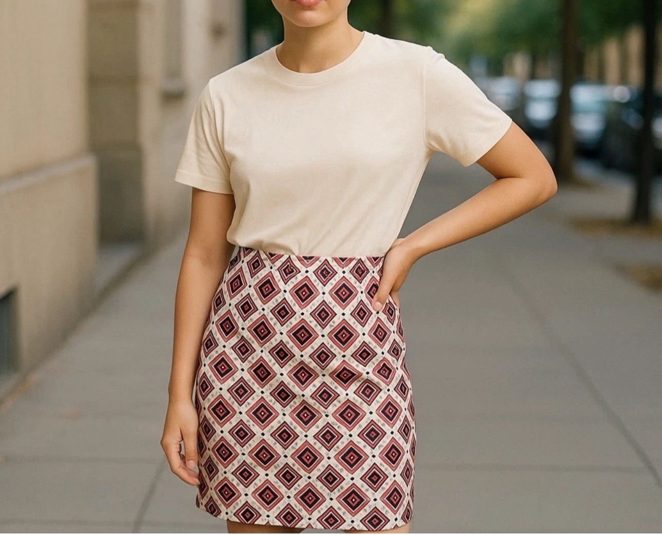 Roz & Ali Multicolor Geomteric Print Skirt, Size Medium, Elastic Waistband