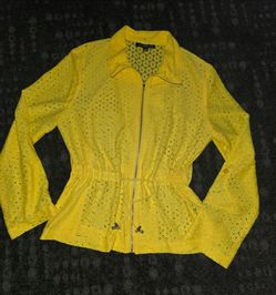 LINEA by Louis Dell'Olio Bright Yellow Eyelet Lace Zip Cinch Waist Jacket - Size Large