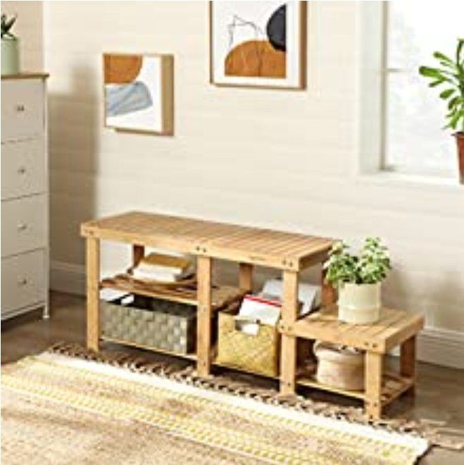 Bamboo Shoe Bench Entryway Storage Rack with High and Low Levels for Adult and Child

