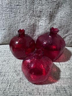 Set of 3 Red Glass Pomegranate Vases / Decorative Accents