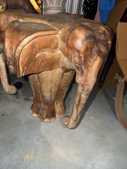 Vintage Large Hand-Carved Wood Two-Elephant Table / Stool / Stand