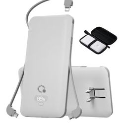 Brand Q 10000mAh Portable Charger with Built-in Cables and AC Wall Plug, USB C Fast Charging Power Bank with 3 Cords,5 Output External Battery Pack Co