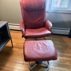 Red Leather Recliner and Footstool