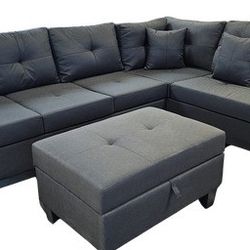 Open Box Floor Sample Black Sectional With Storage Ottoman