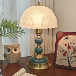 Vintage Ceramic Table Lamp with Frosted Glass Shade –Includes a Free 3-Color Changing LED Bulb-$50