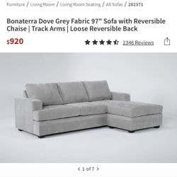 Bonaterra Dove Grey Fabric 97" Sofa with Reversible Chaise | Track Arms | Loose Reversible Back