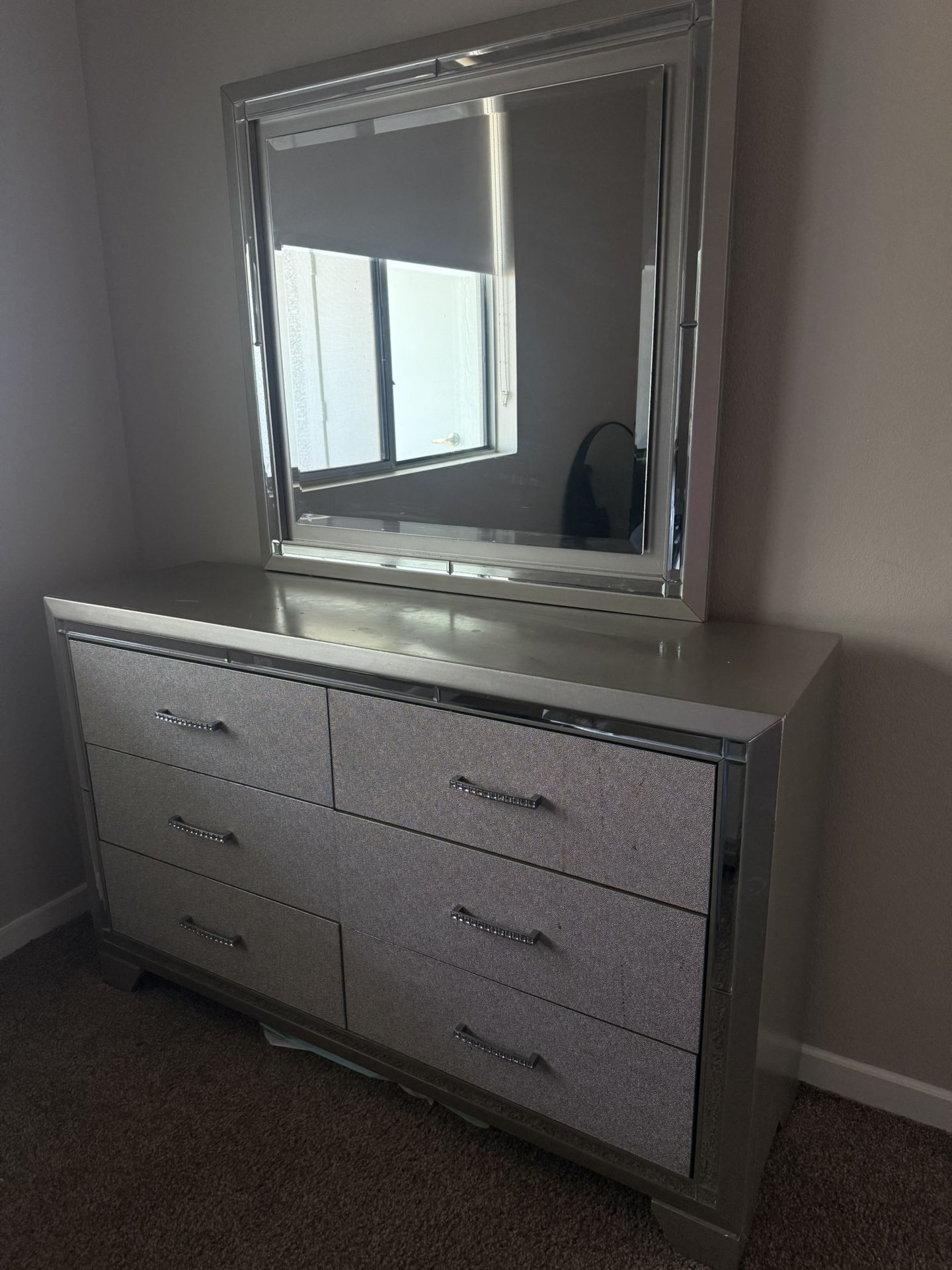 Queen Bed Frame + Dresser Bundle (Silver Mirrored Set)