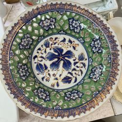 Beautiful vintage porcelain compote pedestal bowl with reticulated (open lattice) edge.