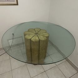 Vintage Round Glass Dining Table w/ Sculptural Pedestal Base