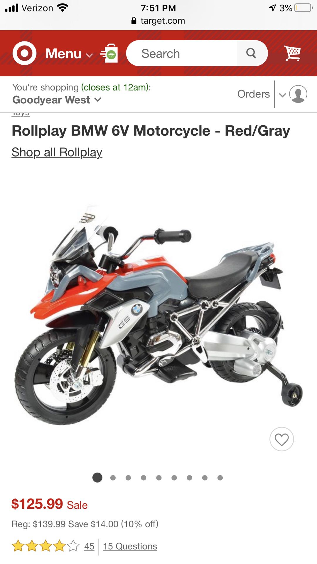BMW 6V Motorcycle - Red/Gray