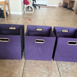 3- Foldable Purple Fabric Bins With Handles