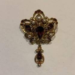 Vintage Gold Tone Purple Gem Pearl Teardrop Pin Brooch Jewelry A924 Signed