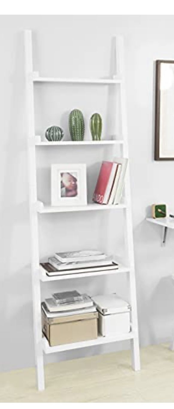 Haotian Modern 5 Tiers Ladder Shelf Bookcase, Storage Display Shelving Wall Shelf, White, FRG17-W