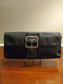 Black Leather, Satin Fuchsia Pink Inside Lining. Silver Buckle Clutch.