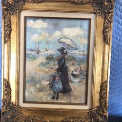 Original Oil Painting Under Glass  Signed By Artist Mother Daughter & Dogs