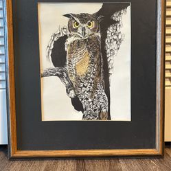 Horned Owl Drawing in Premium Wood Frame (18x22)