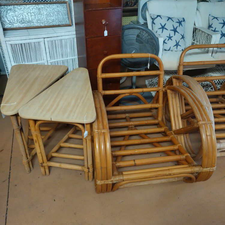 Bamboo Chair Vintage And 2 Triangle Side Tables 
