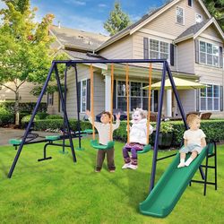 4 in 1 Multifunction Kids Swing Set, Metal for Backyard, Outdoor Heavy Duty Extra Large Frame with 2 Adjustable Swing, 1 Glider, 1 Slide and 1 Teeter-
