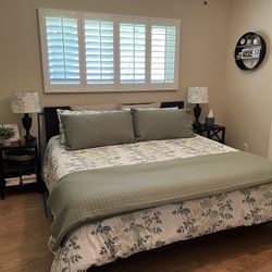 Pacifica Platform King Bed, Mattress, Bedding, Lamps, End Tables