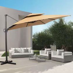 11 ft. x 9 ft. Swivel 360° Rotation Double-Top Cantilever Tilt Patio Umbrella in Tan
