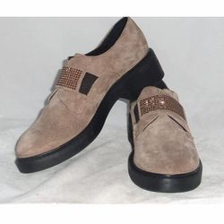 MANAS Suede Women’s Studded Embellished Slip On Beige Loafers Flats NEW