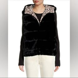  ADRIENNE LANDAU Reversible Faux Fur Hooded Vest Black / Animal $295