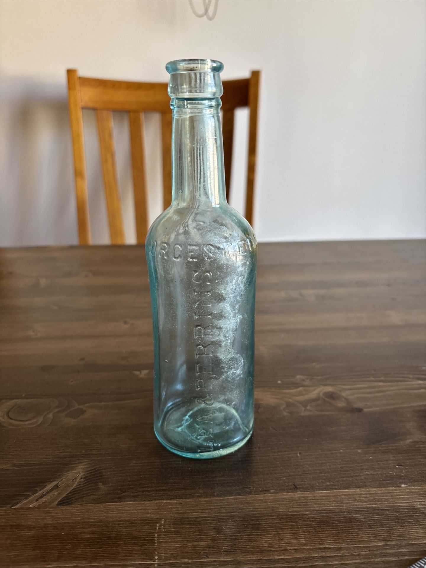 Antique aqua colored glass bottle Lea & Perrins Worcestershire