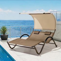 1-Piece Patio Double Outdoor Chaise Lounge in Brown with Sun Shade Canopy, Wheels and Headrest