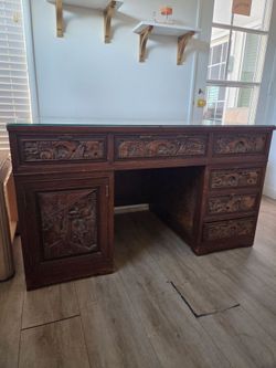 Mid-Century Asian Carved Wood Desk with Glass Top Relief Mural