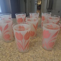 Vintage Set Of 9 Frosted Salmon Pink Tulip Glasses