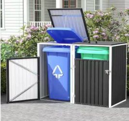 New Assembled Metal Outdoor for 2 Bins Trash Can Storage Shed Dark Gray