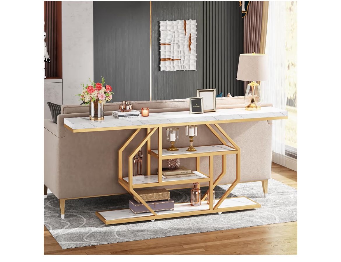 Tribesigns 70.9 inch Extra Long Console Table, Modern Gold Sofa Table Behind Couch with Storage, 4 Tier Entryway Accent Table for Living Room, Hallway