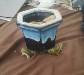 Blue and Black Hexagonal Planter with Frog Feet