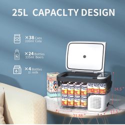 Portable Car Refrigerator, 12volt/24 Voltage DC Car Freezer, Adjustable Temperature Settings , Idea For Camping, Fishing And Traveling 26QT