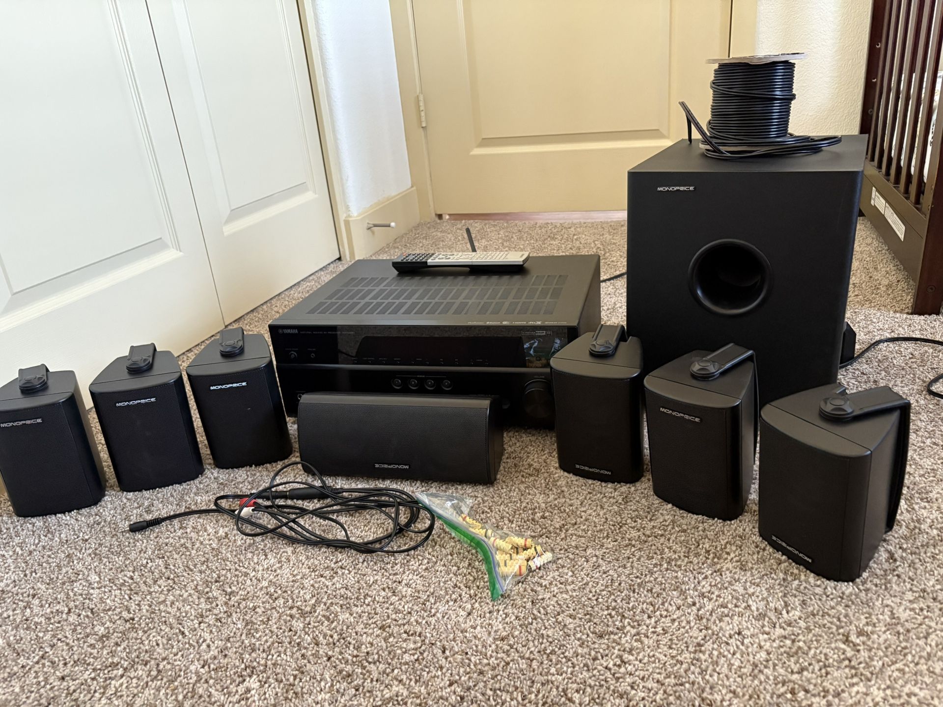 Yamaha RX-V385 Receiver and Monoprice Speaker Set With Subwoofer