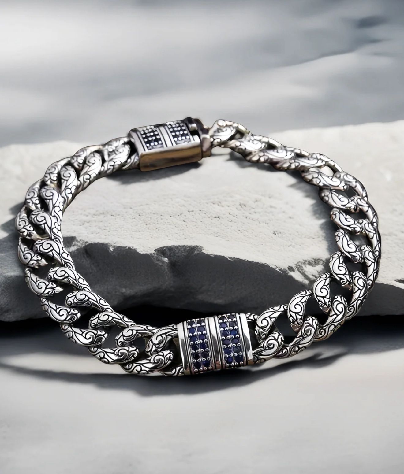 925 Sterling Silver Cuban Link Bracelet with Blue Stone Accents | 46.5g | 8.3