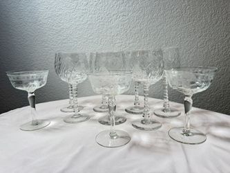 1930s Hand Cut Crystal Wine and Champagne Glass Set of 10 Etched Design
