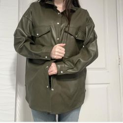 Women’s Oversized Olive Green Faux Leather Jacket Size S/M