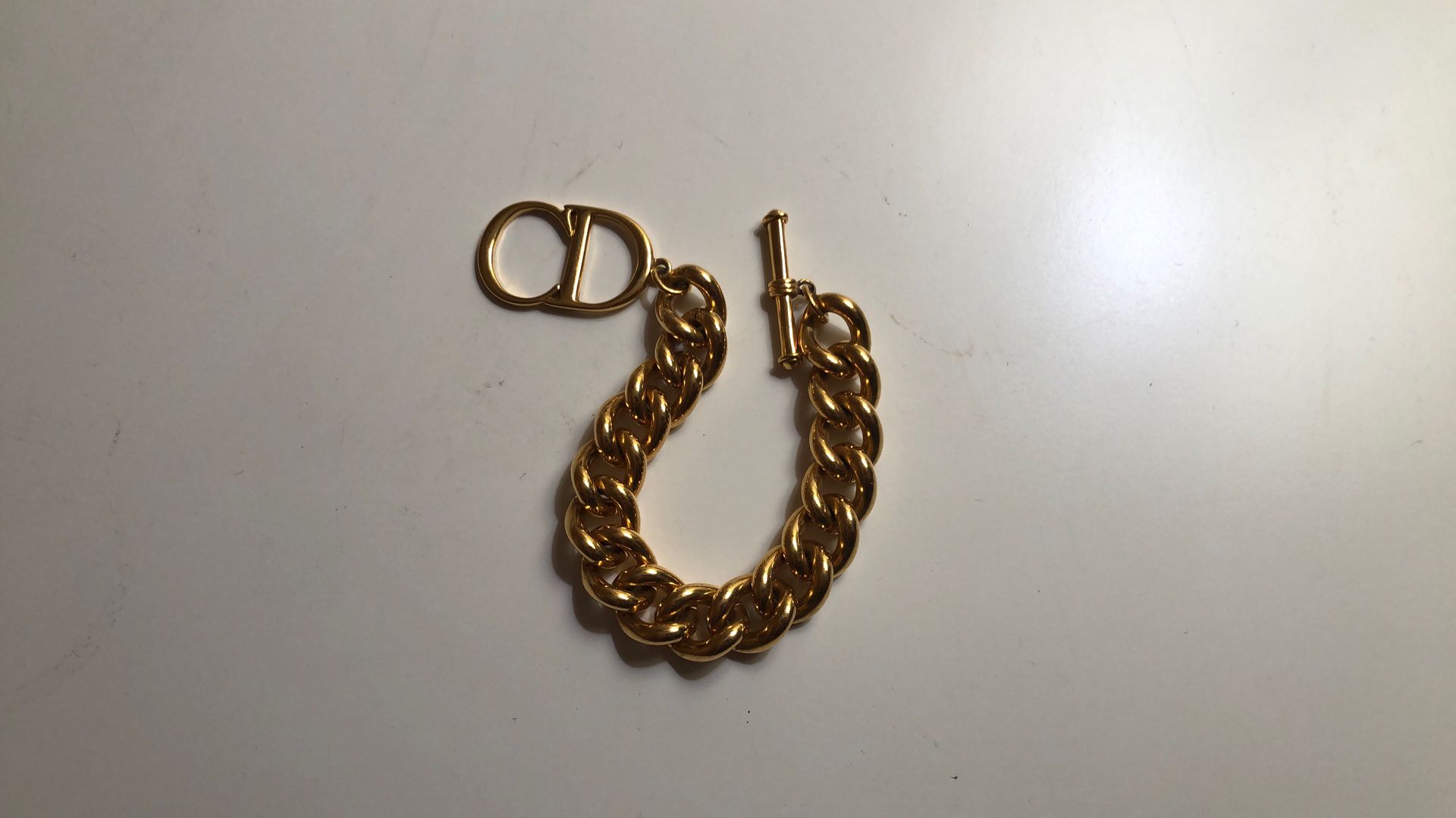 Vintage Christian Dior Chunky Curb Chain Bracelet with Toggle Clasp, Designer CD Bracelet with Specialty Clasp