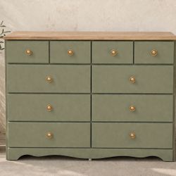 Sage Green 10-Drawer Dresser with Wood Top